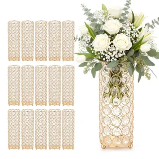 Vevor 16 Stk. Hochzeitsvasen Tafelaufsatz Blumenvasen für Hochzeit 26 cm Hoch, Metall Tafelaufsatz Vasen mit Blumenständern, Kristall Zylindervase für Hochzeiten Party Jubiläumsfeier Zeremonie, Gold