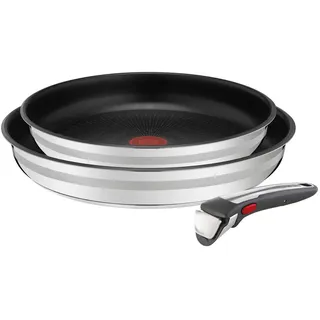 Tefal Pfannenset , Schwarz, Edelstahlfarben , Metall , 2-teilig , rund , 33x12x33 cm , hitzebeständige Griffe, backofengeeignet, abnehmbarer Griff , Kochgeschirr, Pfannen, Pfannensets