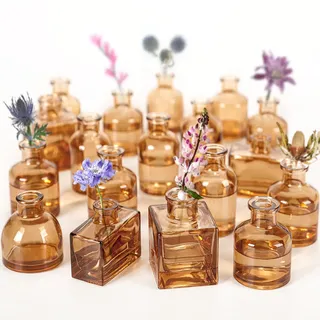 Kleine Mini-Blumenvasen – Set mit 20 bernsteinfarbenen Glasvasen – rustikale Tafelaufsätze für Hochzeiten, Veranstaltungen und Heimdekoration – Premium-Qualität, Zeitlose Designs