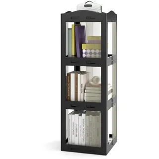 FANTASK 360° drehbares Bücherregal, 3 Etagen Küchenregal mit rutschfesten Fußpolster & transparenten Paneele, Standregal Schmal für Wohnzimmer & Arbeitszimmer (Schwarz, 36,5 x 36 x 108 cm)