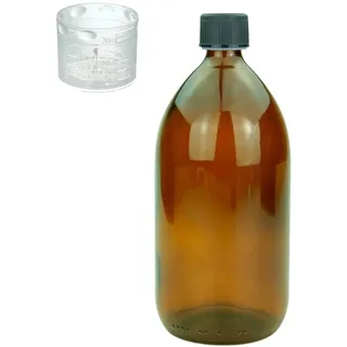 Devitre braune Glasflasche 1000 ml mit Deckel Messbecher und Beschriftungsetikett