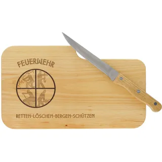 LASERHELD | Brotzeitbrett Holz mit Gravur “Feuerwehr” & Messer | 26 x 15 cm | Frühstücksbrettchen Holz Schneidebrett Jausenbrett | Geschenk für Feuerwehrleute zum Vatertag Feuerwehr