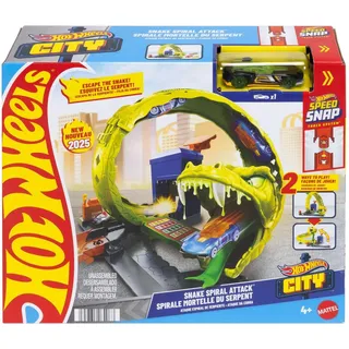 Hot Wheels City Schlangen-Spiralattacke Spielset mit Die-Cast-Spielzeugauto im Maßstab 1:64 und schnellem Track-Stecksystem, Fahrzeug- & Schienen-Set, 4 Jahr(e), Kunststoff, Mehrfarbig - Gelb