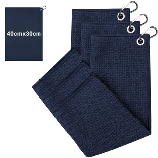 CAIXIANGYU 3er Pack Mikrofaser Golf Reinigungstücher mit Karabinerhaken, 40x30 cm - Hochsaugfähig, Schnelltrocknend, Geruchsfrei mit Waffelmuster - Golf Zubehör (Marineblau)