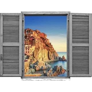 queence Wandtattoo »Stadt am Meer«, (1 St.), Wandsticker, Wandbild, selbstklebend, 3D, Fenster, bunt