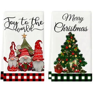 QITHGYD 2er Set Geschirrtücher Weihnachten – Küchentücher Geschirrtücher mit Gnom & Tannenbaum Motiv, 45x70 cm – Weiche Geschirrhandtücher Weihnachten als Handtuch Dekoration