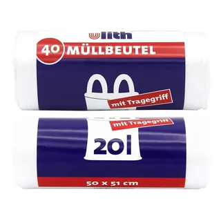 Ulith Müllbeutel mit Tragegriff, 20 Liter, 40 Stück pro Rolle, transparent (5er Pack)
