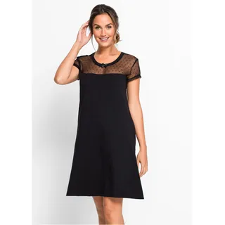 Nachthemd BONPRIX, Damen, Gr. 48/50 (XL), N-Gr, schwarz, Jersey, Obermaterial: 100% Baumwolle. Spitze: 82% Polyamid, 18% Elasthan, unifarben, Basic knieumspielend, Rundhals, Kleider Nachthemd, mit Mesh-Einsatz und dekorativer Zierschleife am Ausschnitt