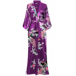 BABEYOND Damen Morgenmantel Maxi Lang Seide Satin Kimono Kleid Pfau Muster Kimono Bademantel Damen Lange Robe Schlafmantel Girl Pajama Party