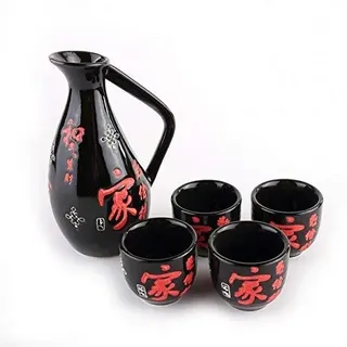 Lachineuse Sakura-Sake-Service 4-tlg. Schwarz/Rot floral