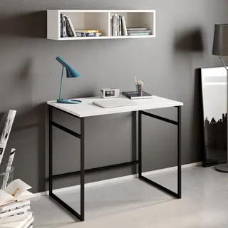 Modern Study Desk with Wall Shelf, White & Black, 90 x 75 x 60 cm | 100% Melamine Coated Particle Board, Metal Legs | Stylish Hotel-Inspired Design