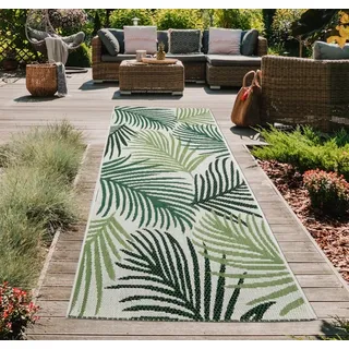 In- & Outdoor Teppich Sisal Optik Balkon Küche Wohnzimmer Terrasse Palmenzweige in grün auf sandfarbe Größe - 80 x 150 cm - Grün