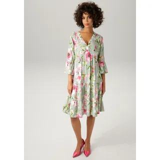 Tunikakleid ANISTON CASUAL, Damen, Gr. 40, N-Gr, bunt (jade, fuchsia, pink, weiß, apfelgrün, grün, rosa, hellbraun), Web, Obermaterial: 100% Viskose, bedruckt, geblümt, lässig geschnitten kniefrei, V-Ausschnitt, Volant, Kleider Tunikakleid, mit fantasievollem Blumendruck, Topseller