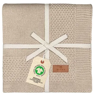 DIKOS® Babydecke mit Bordüre (warmes Taupe) – gestrickt aus weicher 100% Bio-Baumwolle (GOTS & Oeko-TEX) – atmungsaktive Kuscheldecke für Neugeborene Jungen & Mädchen – schönes Geschenk zur Geburt