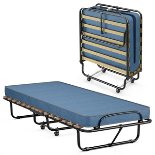 FANTASK Gästebett bis 130kg belastbar mit Matratze aus Rückstellschaum, 80x190cm Klappbares Einzelbett, Stabiler Metallbett, Klappbett auf Rädern, Faltbett Camping Gästezimmer