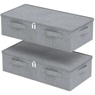 ENUMAIL Unterbett Aufbewahrungsbox aus Leinen, Faltbare Tasche für Bettlaken mit Deckel, Unterbettbox Organizer mit Reißverschluss für Kissen Kleidung Decken Bettdecken, 60×30×15cm, Grau, 2 Stück