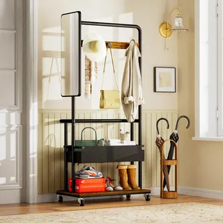 MODFU Kleiderständer auf rollen,Garderobenständer 3-in-1-Design mit Korb,Spiegel und Garderobe,Rollgarderoben Mit großem Stauraum,70×40×170cm,Vintage-Braun - Braun, Schwarz