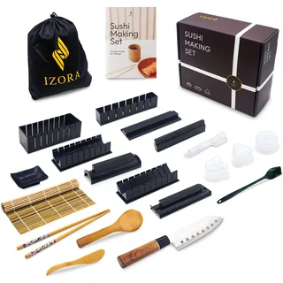 Izora Sushi Maker Set mit Anfänger-Guide inkl. ausführlicher Anleitung, einfache Rezeptvorschläge - Sushi Set zum selber machen mit stilvoller Geschenkbox, praktischem Stoffbeutel
