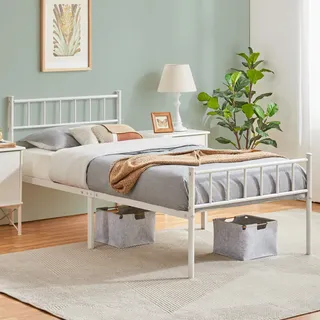 Yaheetech Metallbett 90 x 200 cm Bettrahmen mit Kopfteil Bettgestell aus Metall Gästebett mit Lattenrost für Schlafzimmer Gästezimmer Weiß
