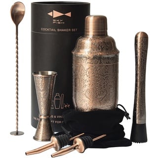 SKY FISH Cocktail-Shaker-Set | 6-teiliges Barkeeper-Set mit 3D-geprägtem Design | Professionelles Cocktail-Set für Cocktail-Liebhaber | Handwäsche – Antikes Kupfer