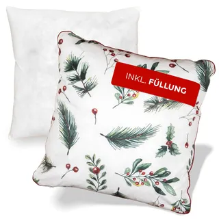 NOAH VERDE Zierkissen-Weihnachten Zweige, Dekokissen mit Füllung und Bezug, Kissen 45x45, Kissenbezug Winter, Weihnachtskissen Landhausstil Deko Zierkissen & -hüllen, Kissenhülle 45x45, Herbst