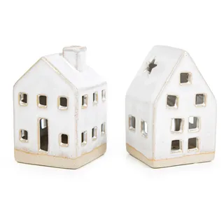 Logbuch-Verlag 2 Haus Windlichter Teelichthalter aus Keramik Lichthaus Dekofigur beige Creme weiß Deko Häuschen 10,5 cm Frühling Sommer