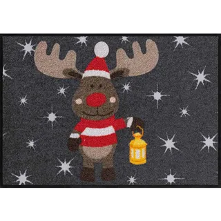 Salonloewe Fußmatte Weihnachten Elch Rudi mit Laterne Schmutzfangmatte waschbar rutschfeste Fussmatte für Jede Haustür aussen + innen 50x75 cm anthrazit rot