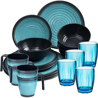 Melamin Geschirr Set 20 Teile elegante Steingut Optik blau Tassen 320ml 4