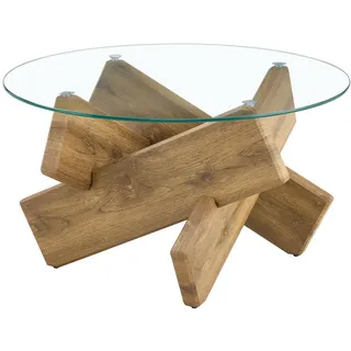 Urban Meuble Couchtisch glas holzoptik kreuzgestell design , Wildeiche , Holzwerkstoff , Rund,Rund , 79x45x79 cm , Wohnzimmer, Wohnzimmertische, Couchtische