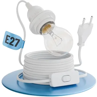 greate Lampenfassung E27 mit Kabel und Schalter weiß 5 Meter - E27 Fassung mit Stecker max. 60W 250V - Lampe Fassung, Baufassung, Lampenkabel, Steckerlampe, Kabellampe
