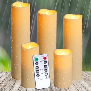 Auralome LED Kerzen Timer Outdoor - Fernbedienung Flammenlose Kerze Set Flamme Wasserdicht Batterie Elektrische Timerfunktion Stumpenkerzen Flackernde Aussen Große Kerzen Kunststoff Weiß Deko 5 Stück