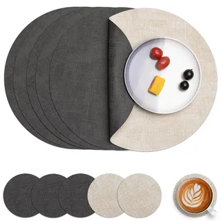 Myir JUN Tischsets abwaschbar Leder und Untersetzer doppelseitig Platzset | Platzset Rund Ø 36cm 6er Set rutschfest Glasuntersetzer Platzdeckchen Kunstleder Tischset (Grau Cremeweiß, 6er Set)