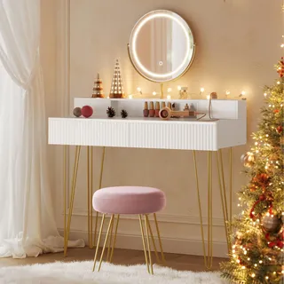 VASAGLE Schminktisch mit Hocker und Beleuchtung, Steckdosenleiste, Spiegel, Frisiertisch, 40 x 100 x 134,8 cm, Kosmetiktisch mit Schubladen, gepolsterter Sitzhocker, mattweiß-blassgold RVT619W01