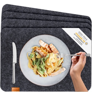 Miqio® - Design Tischset aus Filz | Marken Label aus echtem Leder | 4er Set Platzset (dunkel grau anthrazit) abwaschbar | Filzmatte Tisch Untersetzer Platzdeckchen abwischbar