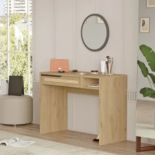Schminktisch 'Kvænangen' 100x45x75 cm Eiche/Rattanoptik - Beige