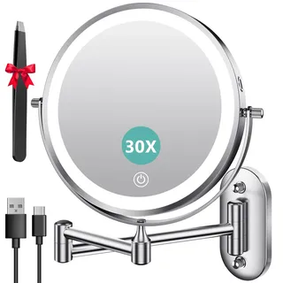 Auxmir Kosmetikspiegel mit Beleuchtung, 1X/30X Wiederaufladbar Schminkspiegel, 3200mAh Rasierspiegel Wandmontage, Dimmbar Vergrößerungsspiegel mit 3 Lichtfarben, 360° Drehbar für Badezimmer