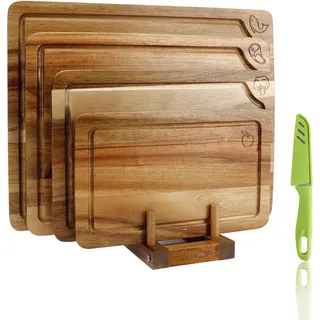 Schneidebrett Holz 4er-Set | mit Saftrille, Ständer & Obstmesser, mit Lebensmittelsymbolen für Fleisch, Gemüse, Obst und Käse
