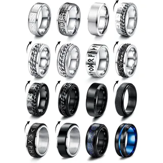 Milacolato 16 Stück Edelstahl Fidget Ring Spinner Ring Edelstahl Spinner Ringe für Zappeln für Damen Hochzeitsversprechen Schwarze Bandringe Coole Schwarze Ringe für Männer 62