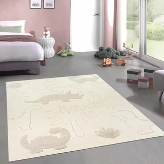 CARPETIA Teppich Kinderzimmer Babyzimmer Unterlage Tier Dino Pflanzenmuster hochwertig in Creme, 120 x 160 cm
