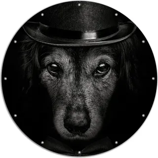 Wallario rundes Outdoor-Poster für Garten oder Balkon, Motiv Eleganter Hund mit Zylinder in schwarz-weiß, 120 cm Durchmesser - Schwarz