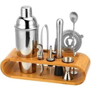 Hochwertiges Cocktailshaker Set, Cocktailmixer Set, 10 Teileig, aus Edelstahl, mit Bambus-Aufbewahrung, inkl. Cocktail-Shaker, Messbecher, Ausgießer, Bar Stößel, Bar Löffel, Eiszange, Öffner, Barmaß
