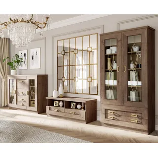 Wohnzimmer Set mit Vitrinenschränken in Lefkas Eiche, TEORA-161, 3-teilig - Braun