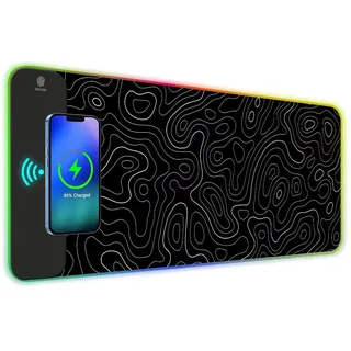 ToLuLu RGB-Gaming-Mauspad, kabellos, 7,5/10/15 W, 10 Lichtmodi, LED-Mauspad, Computertastaturmatte, Mauspad, 800 x 300 x 4 mm, erweiterte große Schreibtischunterlage für Gamer, schwarz-weiße abstrakte