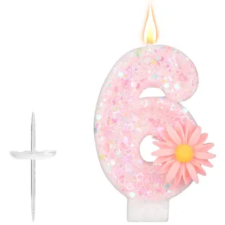 Rosa Zahlen-Geburtstagskerze, 7,2cm Glitzer Gänseblümchen Funkelnd Zahlenkerze Tortenaufsatz Dekoration Ideal für Mädchengeburtstage Partys Babypartys und Jubiläen Geschenke (6)
