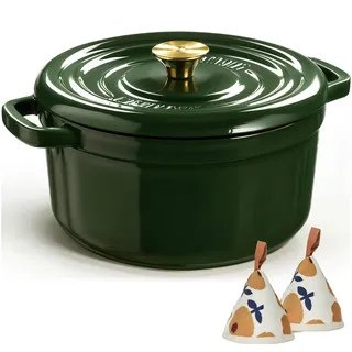 Overmont Bräter Emailliert Gusseisen Topf - Dutch Oven 26cm backofengeeignet mit Deckel und Kochbuch - für Braten Küche Backen Schmoren Dunkelgrün