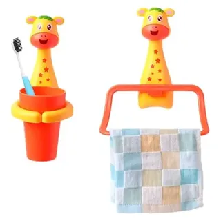 Jauhmui Zahnputzbecher Handtuchhalter Set für Kinder ohne Bohren (Giraffe)