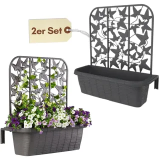 GarPet 2er Set Blumenkasten Balkon Balkonkasten mit Spalier Pflanzkasten mit Wasserspeicher Blumenkasten Geländer Kasten Balkongeländer Geländerkasten 60 cm Rattan Anthrazit