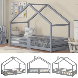 Kinderbett Hausbett mit Schornstein Rausfallschutz Robuste Lattenroste Kiefernholz Haus Bett for Kids, 90 x 200 cm ohne Matratze - Grau