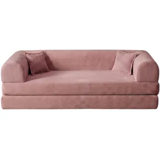 Hanah Home Stilvolles 3-Sitzer-Schlafsofa, Rosa, 190 cm | 100% Gerippter Plüschstoff, waschbarer Bezug, 2 Kissen inklusive | Pfotenfreundlich & rutschfest