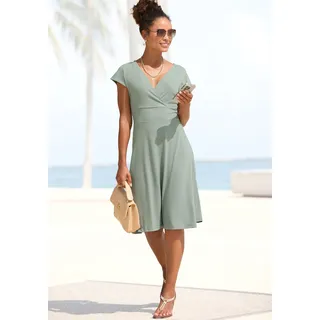 Jerseykleid LASCANA "aus bügelfreier Ware", Damen, Gr. 36, N-Gr, grün (sage grün), Jersey, Obermaterial: 95% Polyester, 5% Elasthan, unifarben, figurumspielend knieumspielend, tiefer V-Ausschnitt, Kleider Jerseykleid, elegantes Sommerkleid aus Jersey, Strandkleid, taillenbetontes Kleid, Topseller